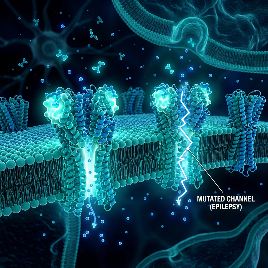 Illustration of membrane proteins transporting particles across a lipid bilayer